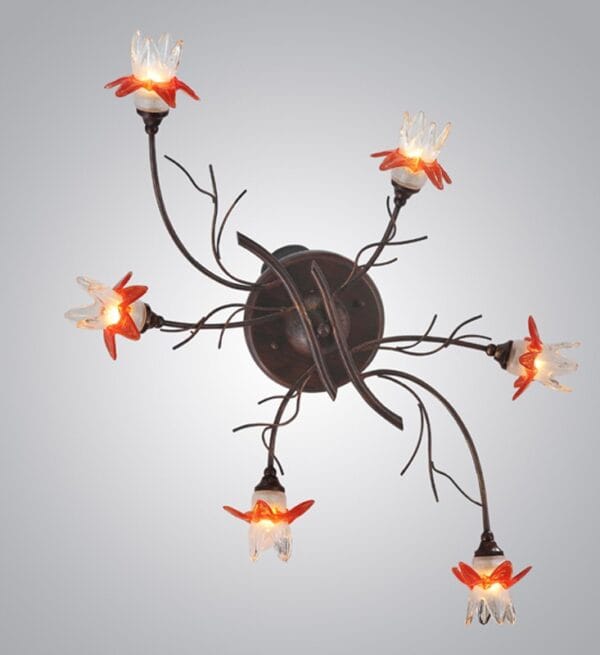 Plafonnier 6 lumières fer rouille verreries claires bord orange