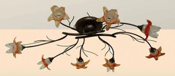 Plafonnier 8 lumières fer rouille verreries claires bord orange