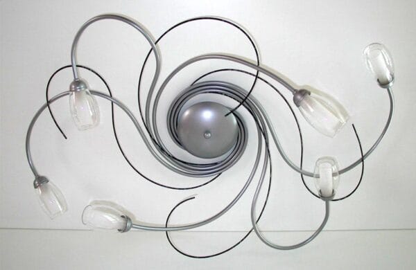 Plafonnier 6 lumières métal gris verreries claires et dépolies