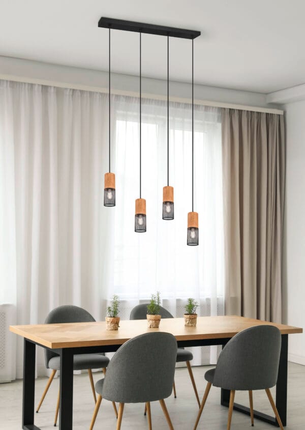 Suspension 4 lumières bois et métal E27 – Image 2