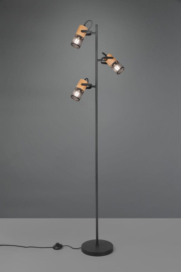 Lampadaire 3 spots bois et métal E14