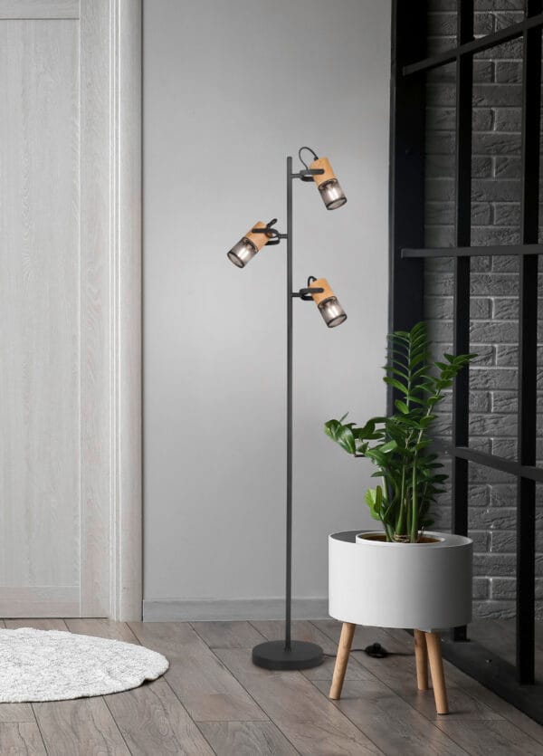 Lampadaire 3 spots bois et métal E14 – Image 2