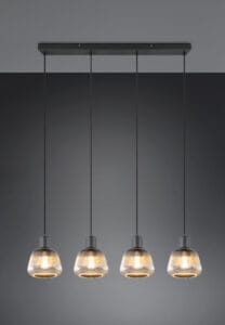 Suspension 4 lumières métal noir verre fumé