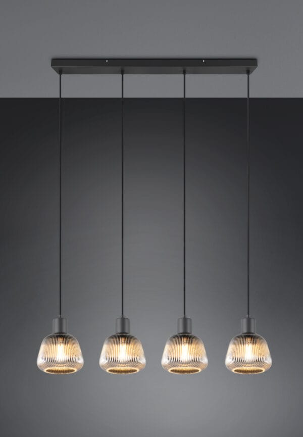 Suspension 4 lumières métal noir verre fumé