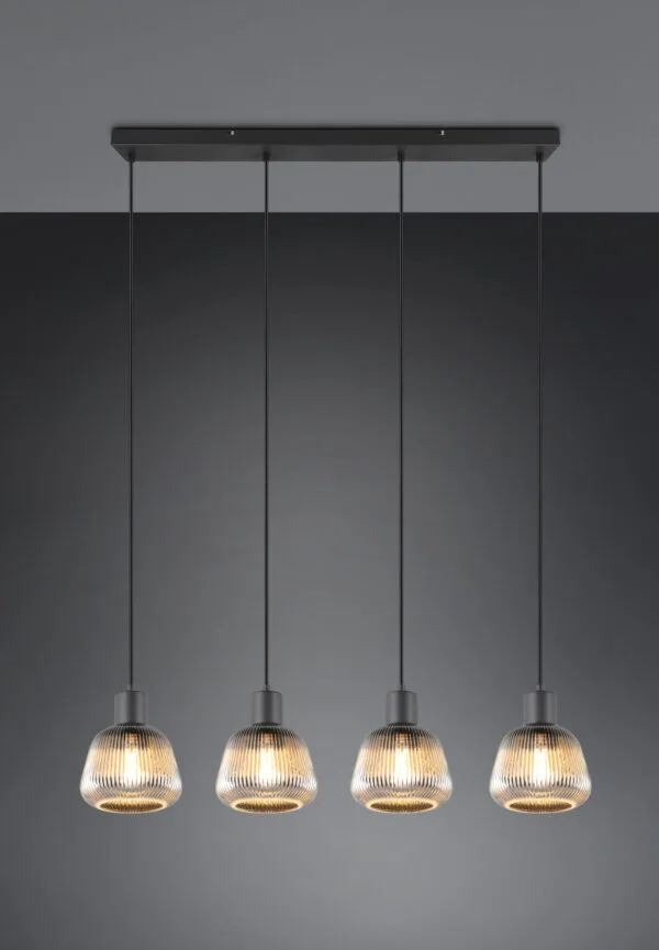 Suspension 4 lumières métal noir verre fumé