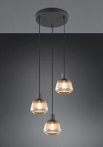 Suspension 3 lumières métal noir verre fumé