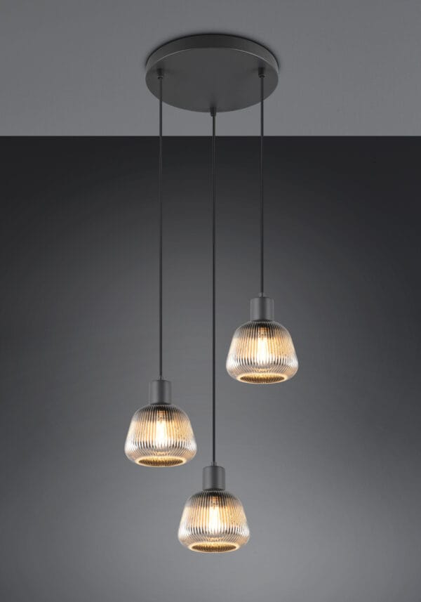 Suspension 3 lumières métal noir verre fumé