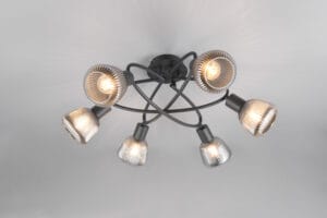 Plafonnier 6 lumières métal noir verre fumé
