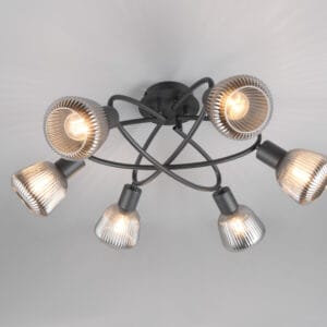Plafonnier 6 lumières métal noir verre fumé