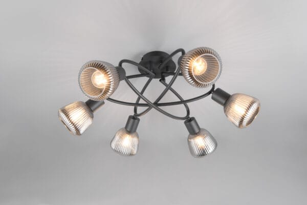 Plafonnier 6 lumières métal noir verre fumé