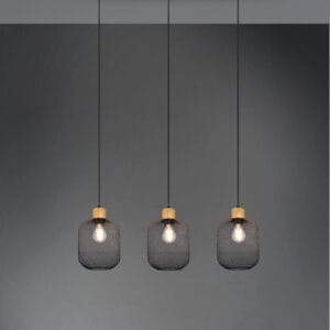 Suspension 3 lumières en bois clair et métal noir