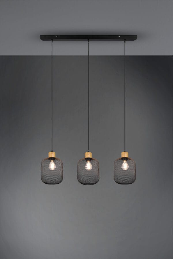 Suspension 3 lumières en bois clair et métal noir