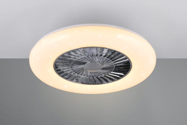 Plafonnier ventilateur LED chromé et blanc