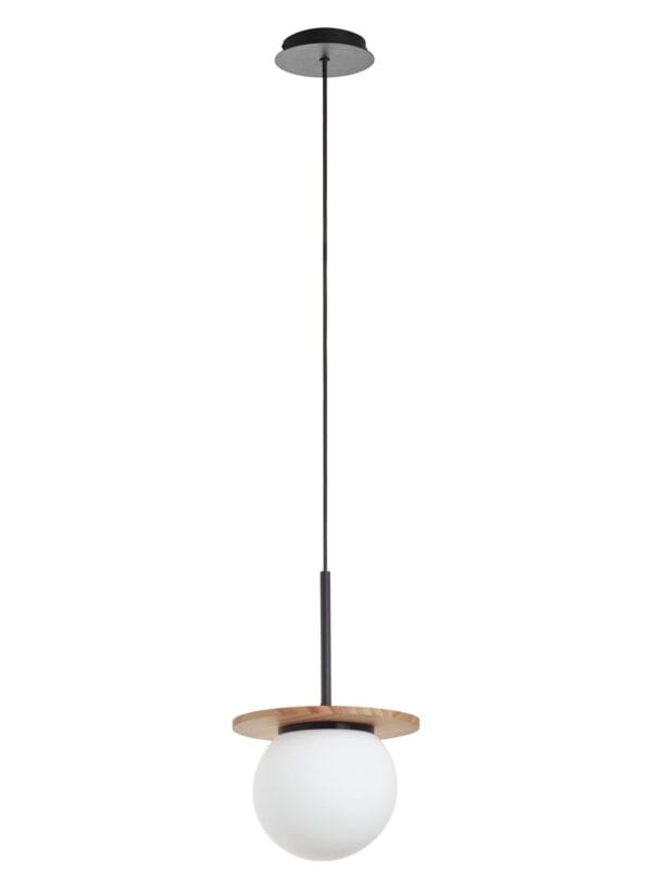 Suspension métal noir/bois naturel verre opale