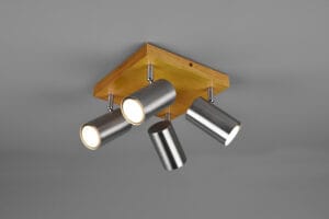 Plafonnier 4 spots GU10 bois clair/métal nickel