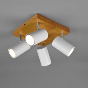 Plafonnier 4 spots GU10 bois clair/métal blanc