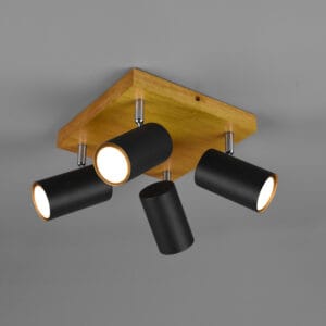 Plafonnier 4 spots GU10 bois clair/métal noir