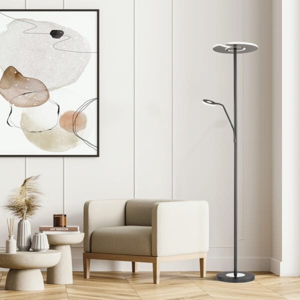 Lampadaire LED avec liseuse métal noir – Image 2