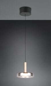 Suspension LED métal noir/bois clair verre fumé