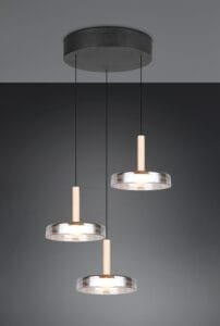 Suspension LED métal noir/bois clair verre fumé