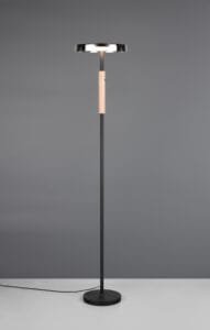 Lampadaire LED métal noir/bois clair verre fumé