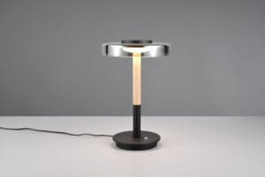 Lampe LED métal noir/bois clair verre fumé