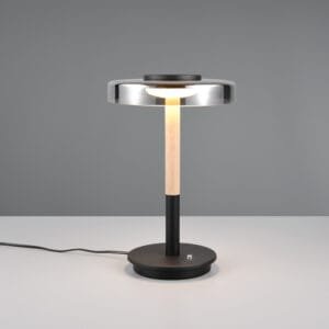 Lampe LED métal noir/bois clair verre fumé