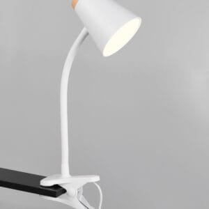 Lampe de bureau LED à pince blanche/bois clair
