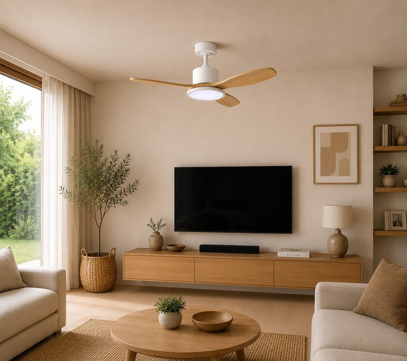 Ventilateur à pales finition blanc/bois clair – Image 2