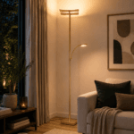 Lampadaire LED avec liseuse métal champagne