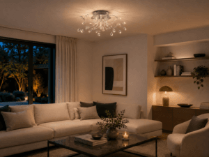 Plafonnier LED 5L métal chrome pampilles verre