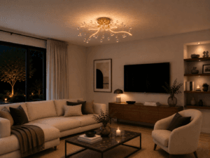 Plafonnier LED 5L métal doré pampilles verre