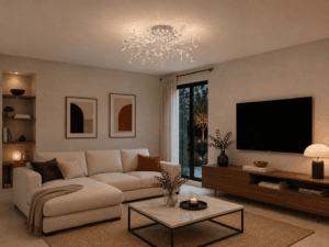 Plafonnier LED 8L métal chrome pampilles verre