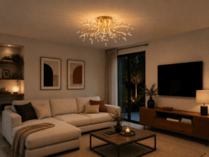 Plafonnier LED 8L métal doré pampilles verre